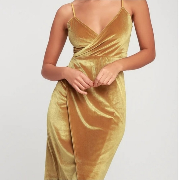 Lulu's Velvet Honey Love Mustard Yellow Velvet Bodycon Wrap Dress  Mediums - Picture 1 of 3